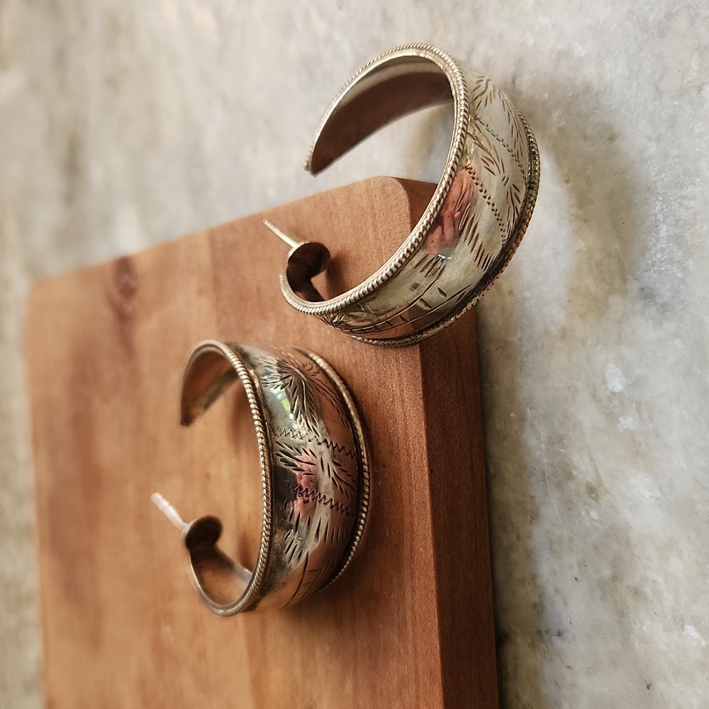 Sterling silver etched hoop earrings